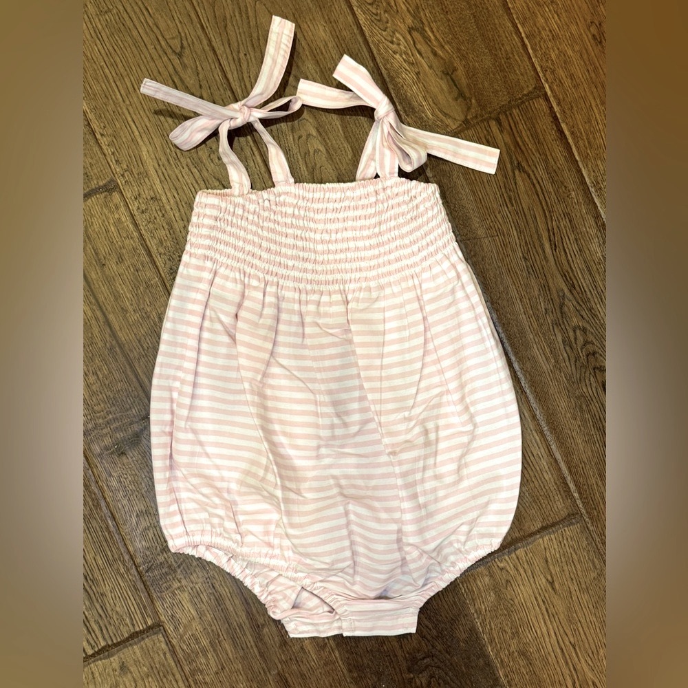 Busy Bees - Pink & White Stripe Girls Bubble w/Tie Straps - Size: 24M